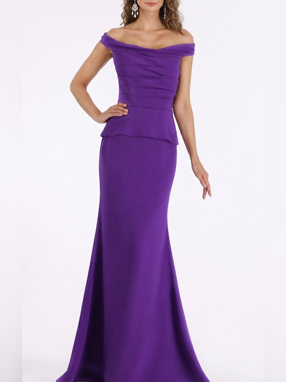 Gia Franco Purple Pleated Off-Shoulder Trumpet Dress With Train Size 10